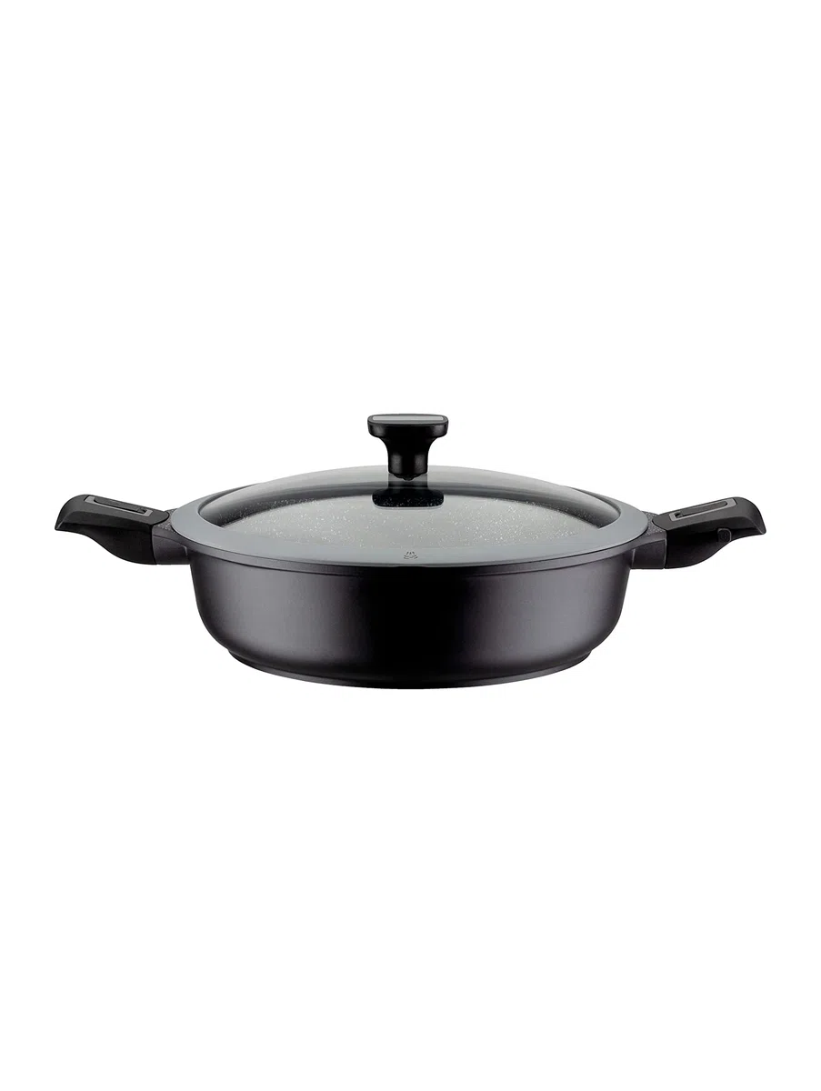 GSW 167833 Easy Click - Sartén honda con tapa de cristal (28 cm, 5 piezas, aluminio, plástico, cristal, silicona), color negro