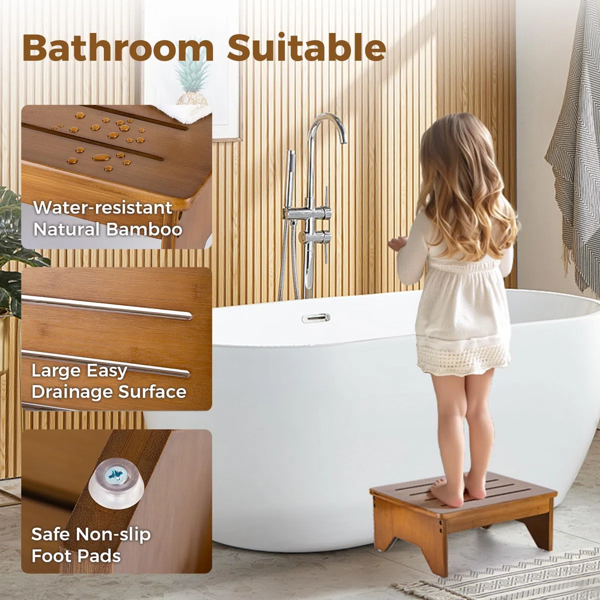 Strongtek Taburete Escalonado de Bambú para Adultos al Lado de la Cama Alta, Capacidad de 300 Libras, Antideslizante con Borde Circular para Dormitorio, Cocina (Nogal)