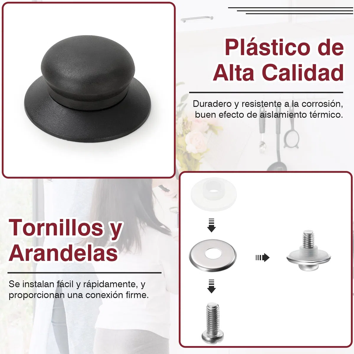 VEGCOO Perilla De La Tapa Pomo Universal para Tapa Asa De La Tapa Mango De La Tapa De La Olla Pomos para Menaje De Cocina Tapas para Ollas Negro