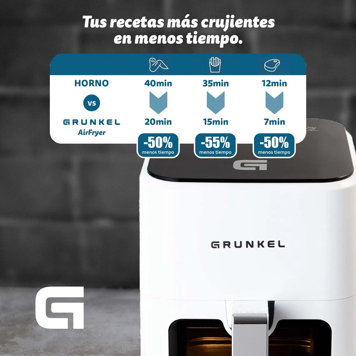 Grunkel - Freidora aire - Air Fryer - 4 Litros y 7 programas. WEF. Panel de control digital Multifunción y ventanal visualización retroiluminada. Temporizador 60 minutos - Freidora sin aceite (Blanco)