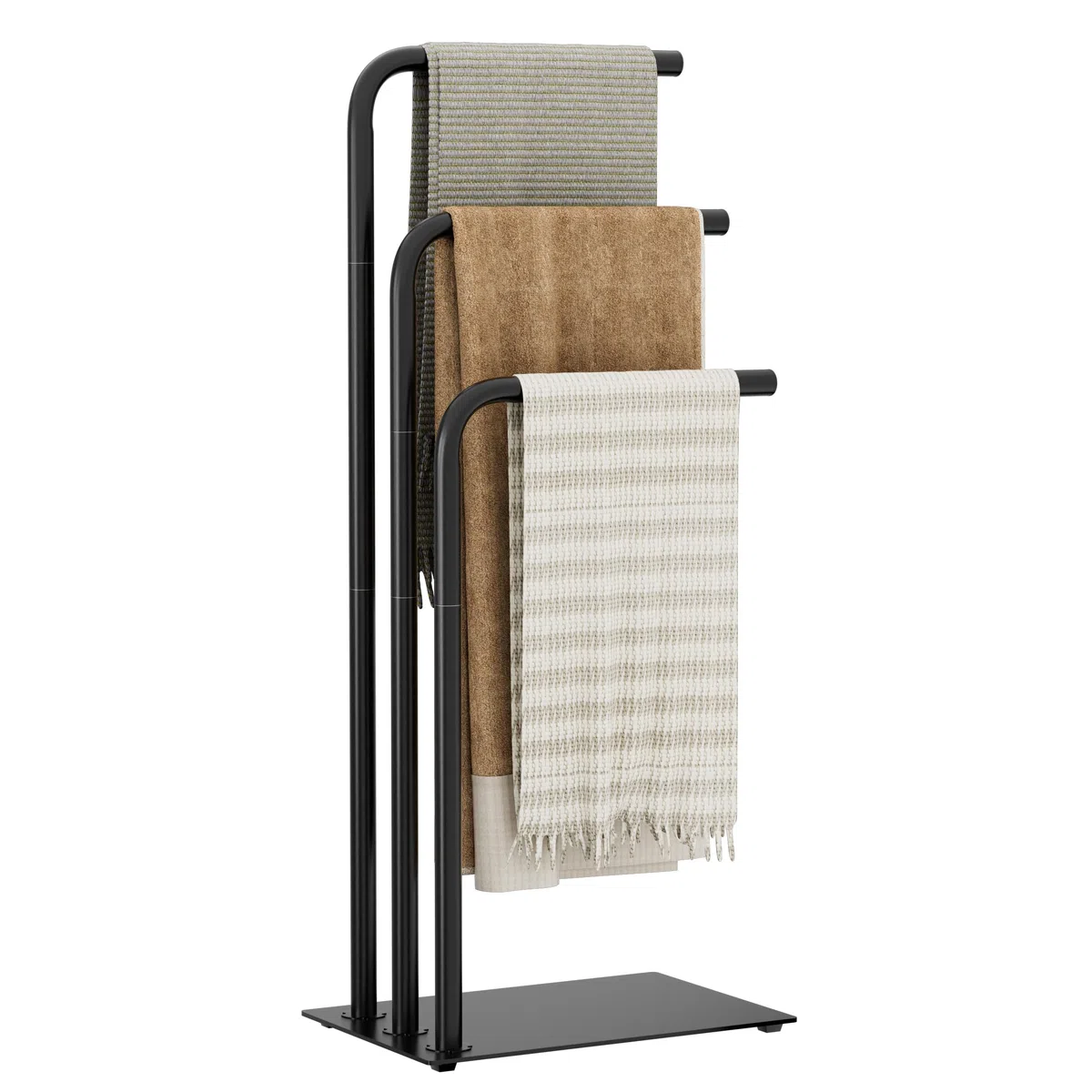 OUTBROS Toallero, Toallero de pie, Soporte de Metal de 3 Niveles para Baño, Secado y Exhibición con Estante, Soporte para paños para Sala de Estar, 39x26x90cm, Negro | Toallero de metal de acero inoxidable para baño con placa base de metal, soporte de sec