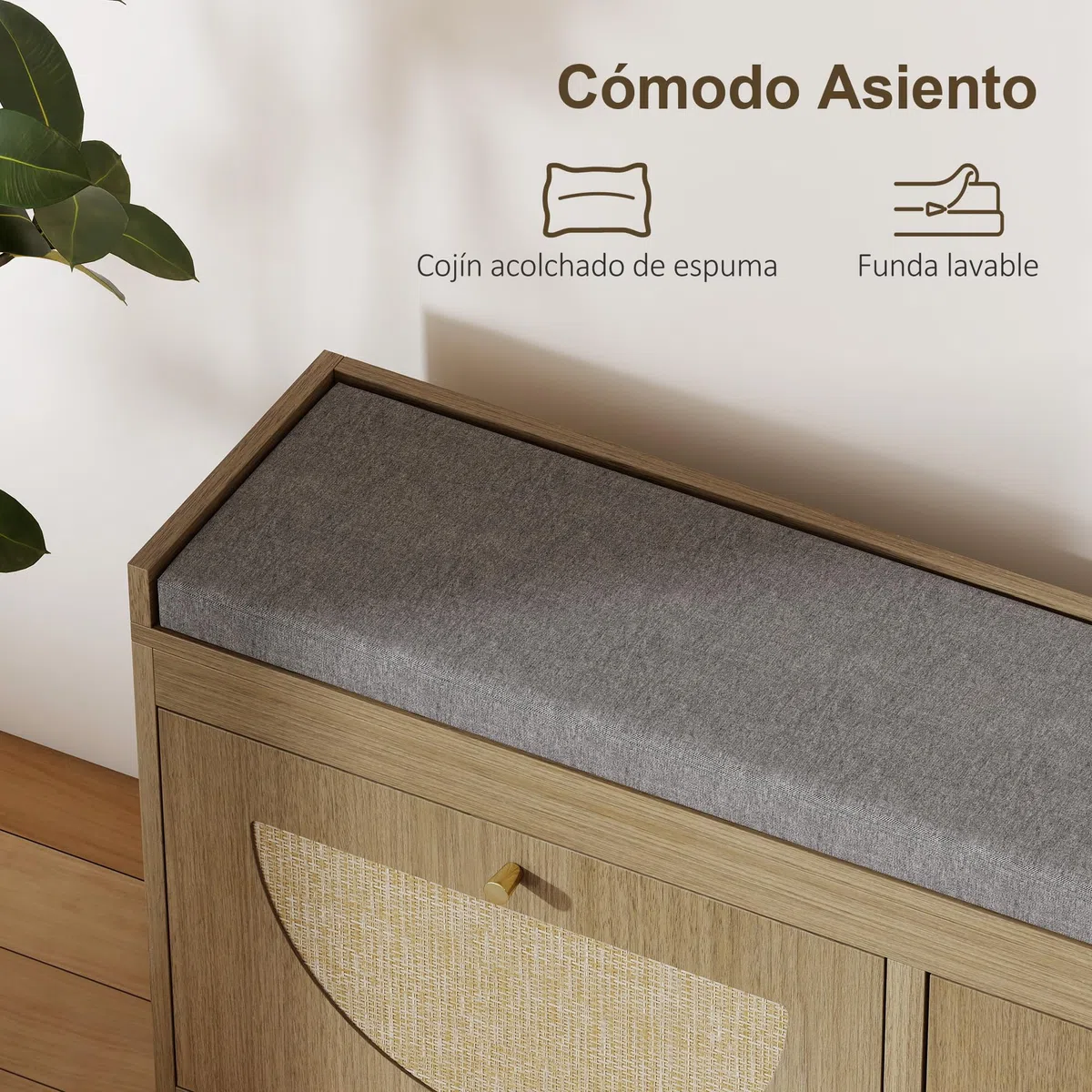HOMCOM Banco Zapatero Bohemio con Asiento Acolchado 105x35x47 cm Natural | Banco Recibidor, Puertas Frentes de Ratán, Estante Ajustable, para 8 Pares de Zapatos, para Entrada