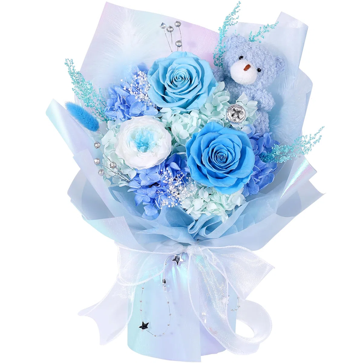 Ramo de Flores Preservadas con Osito, Rosas Eternas Azules, Regalo Mujer | Regalo de 3 rosas preservadas en San Valentín, aniversario, cumpleaños o Día de la Madre, para mujer, novia, esposa o madre
