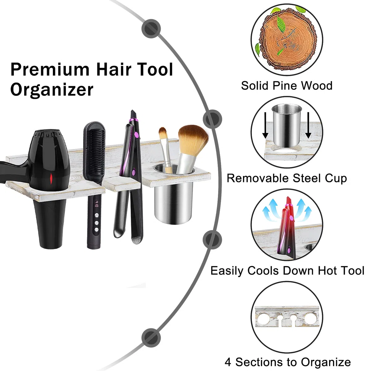 Organizador de herramientas para el cabello montado en la pared, construcción de madera de pino resistente, taza de acero inoxidable extraíble, sostiene secadores de pelo, alisadores, rizadores