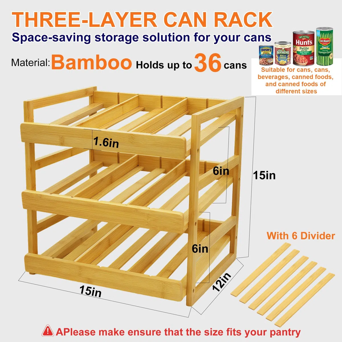MinBoo Organizador de latas de bambú para despensa, estante apilable para 36 latas, almacenamiento de alimentos enlatados, estante de despensa, armario de cocina o encimera