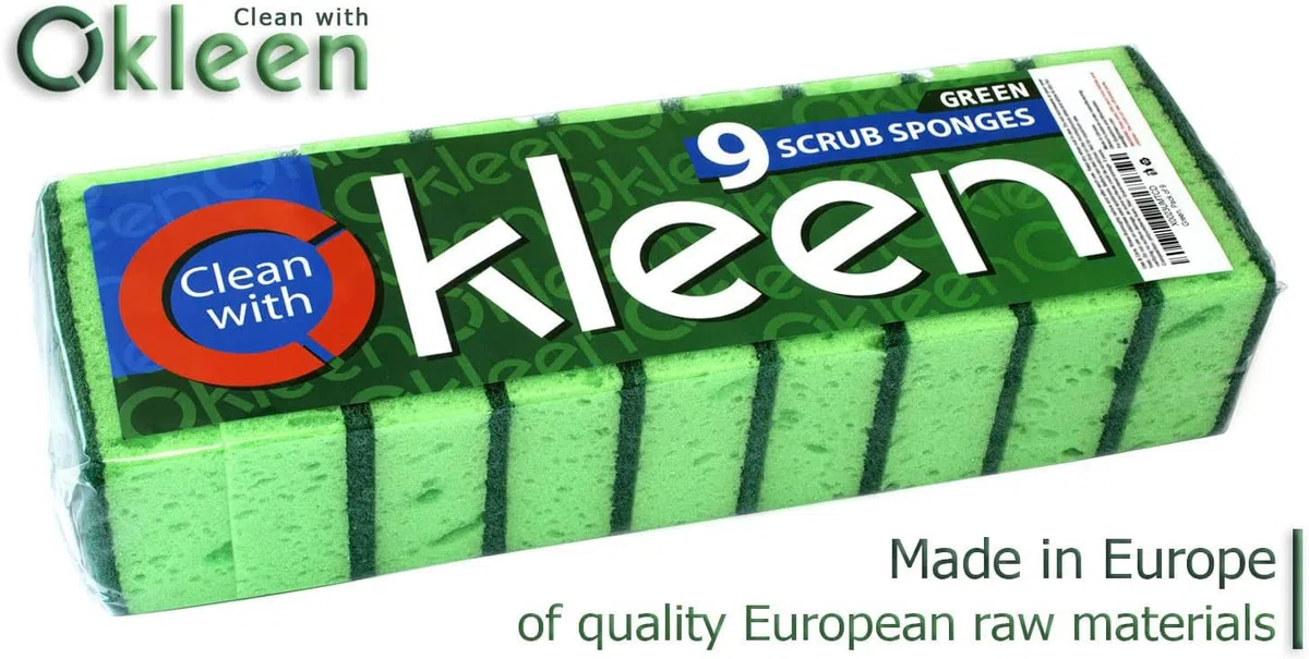 Esponja multiusos verde para fregar. Fabricado en Europa. Paquete de 9, 4.3 x 2.8 x 1.4 pulgadas. Fibra resistente e inodora. Las mejores esponjas y estropajos de cocina duraderos, delicados,