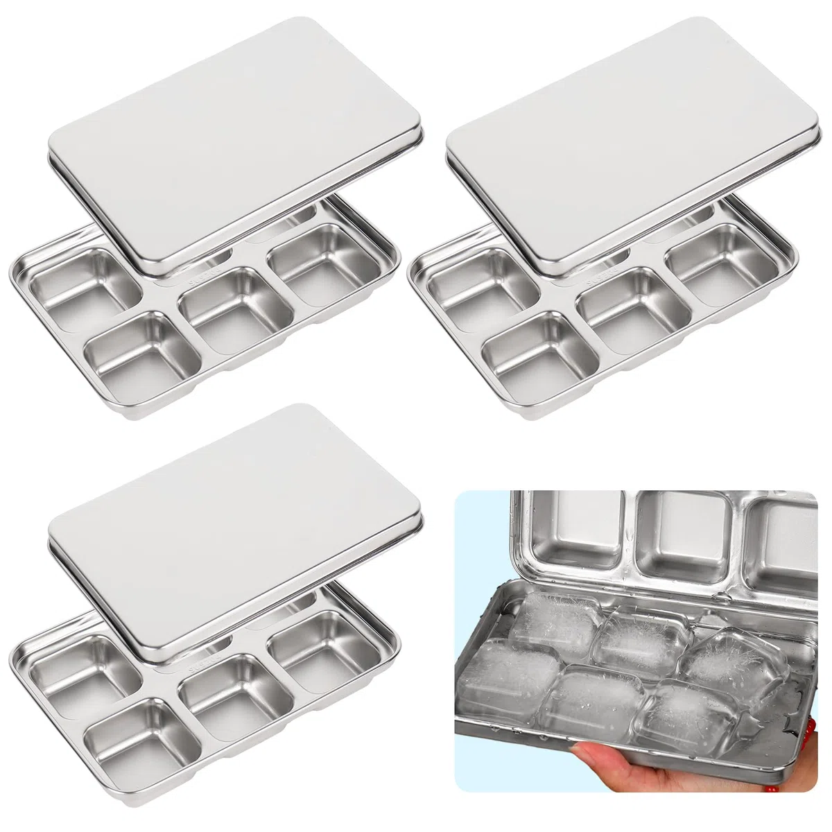 FYSUIMU Paquete de 3 bandejas de hielo de acero inoxidable para congelador, bandejas de hielo de metal con tapas para el hogar, cocina, bar, cóctel, whisky