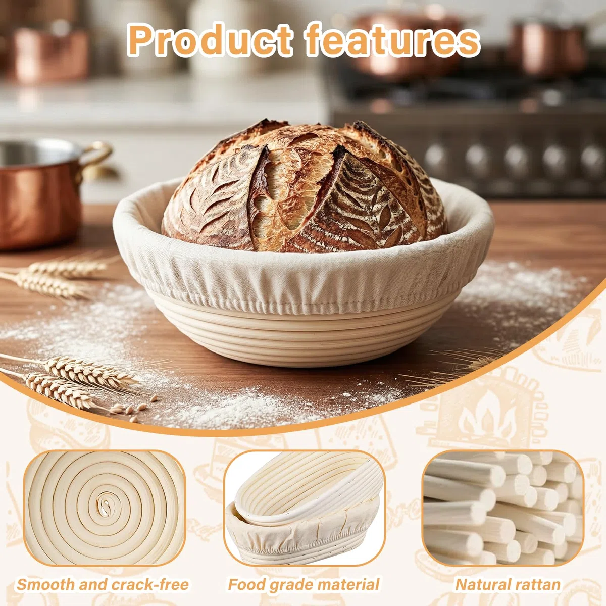 Banetones Para Pan, Cesta de Fermentación Pan de Redondo 23cm y Ovalado 25cm, Kit Completo Tarro de Masa Madre 900ml, Traje De Pan Fermentado De Agrio para Principiantes y Experimentados