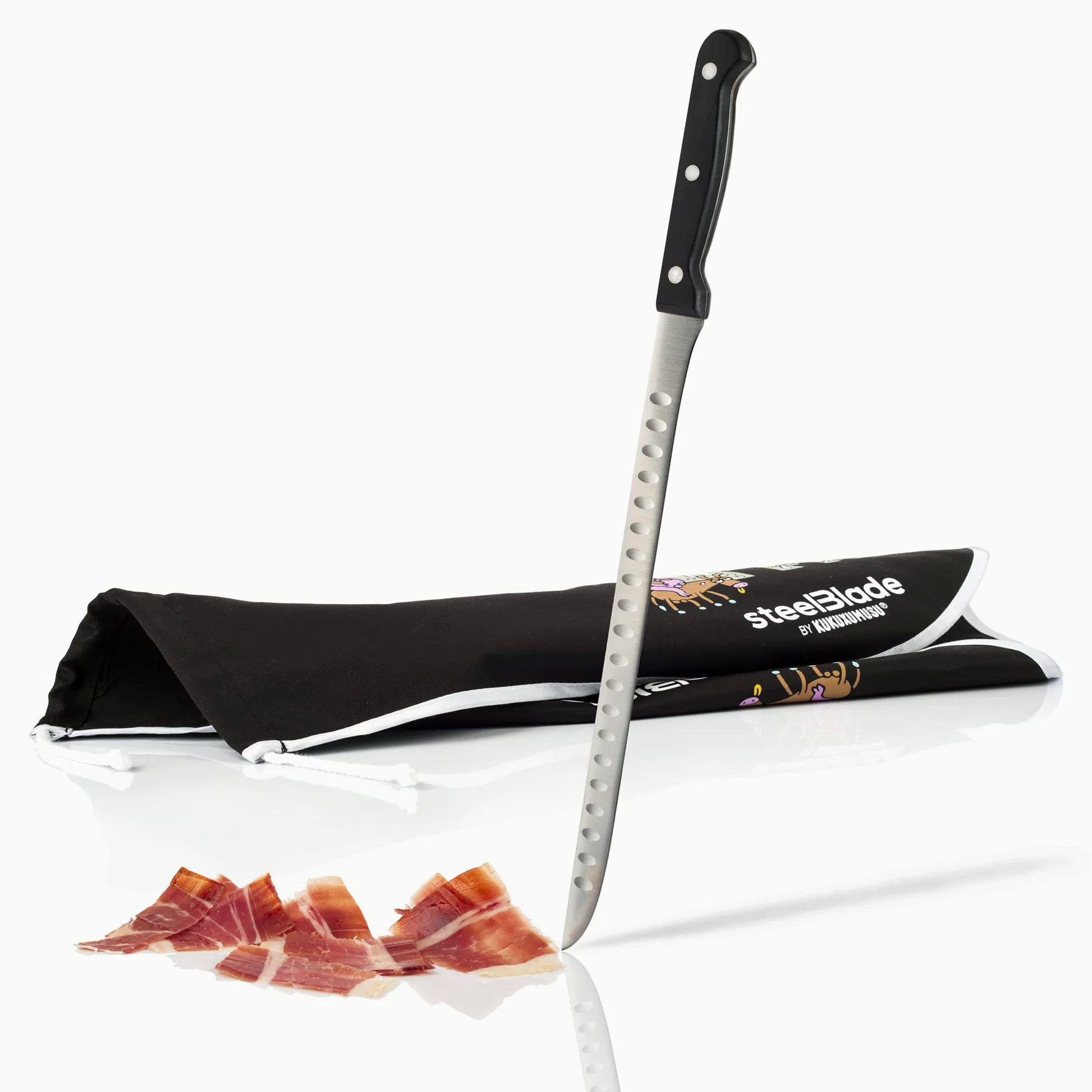 Jamonero Giratorio 360º Madera Lacada + Cubre jamón Kukuxumusu + Cuchillo Jamonero 28 cm - Soporte Jamonero Fabricado en España - Jamonera 2 Posiciones para Jamones y Paletas (011132)