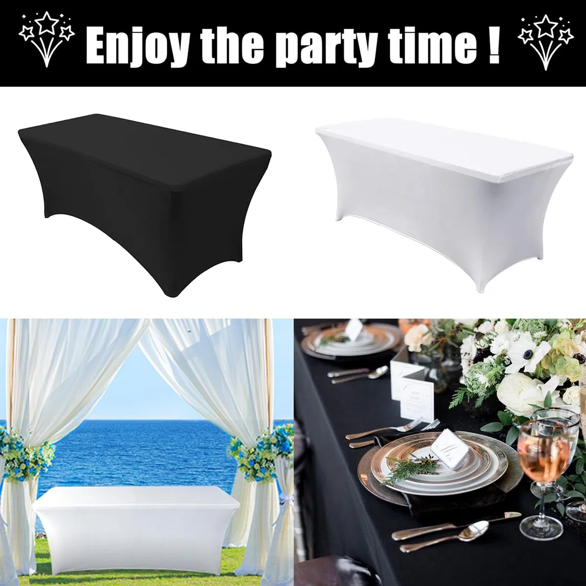 Heochy Paquete de 2 manteles rectangulares de elastano negro, protectores de mesa ajustables para eventos, cócteles, bodas, banquetes o fiestas