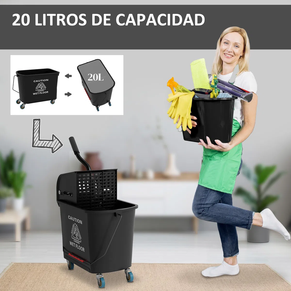HOMCOM Cubo de Fregona con Ruedas Capacidad de 20 L Cubo de Fregar con Sistema de Escurridor Ruedas y Asa de Transporte para Doméstico y Comercial Negro