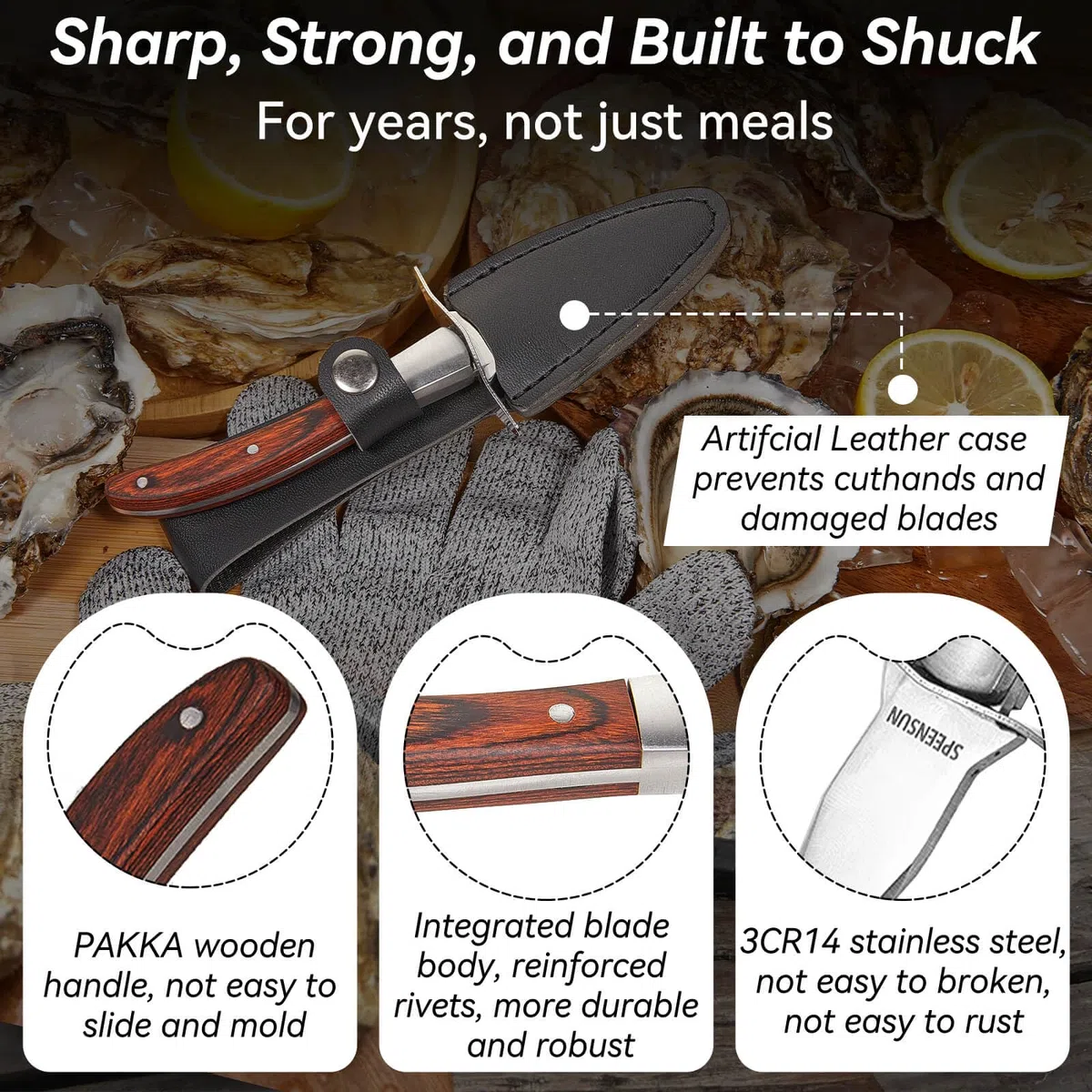 Cuchillo para desmenuzar ostras, cuchillo de ostra, resistente afilado, kit de desmontaje de ostras con mango de madera cómodo, juego de cuchillo y guantes de ostra con protección de 5 niveles, guante