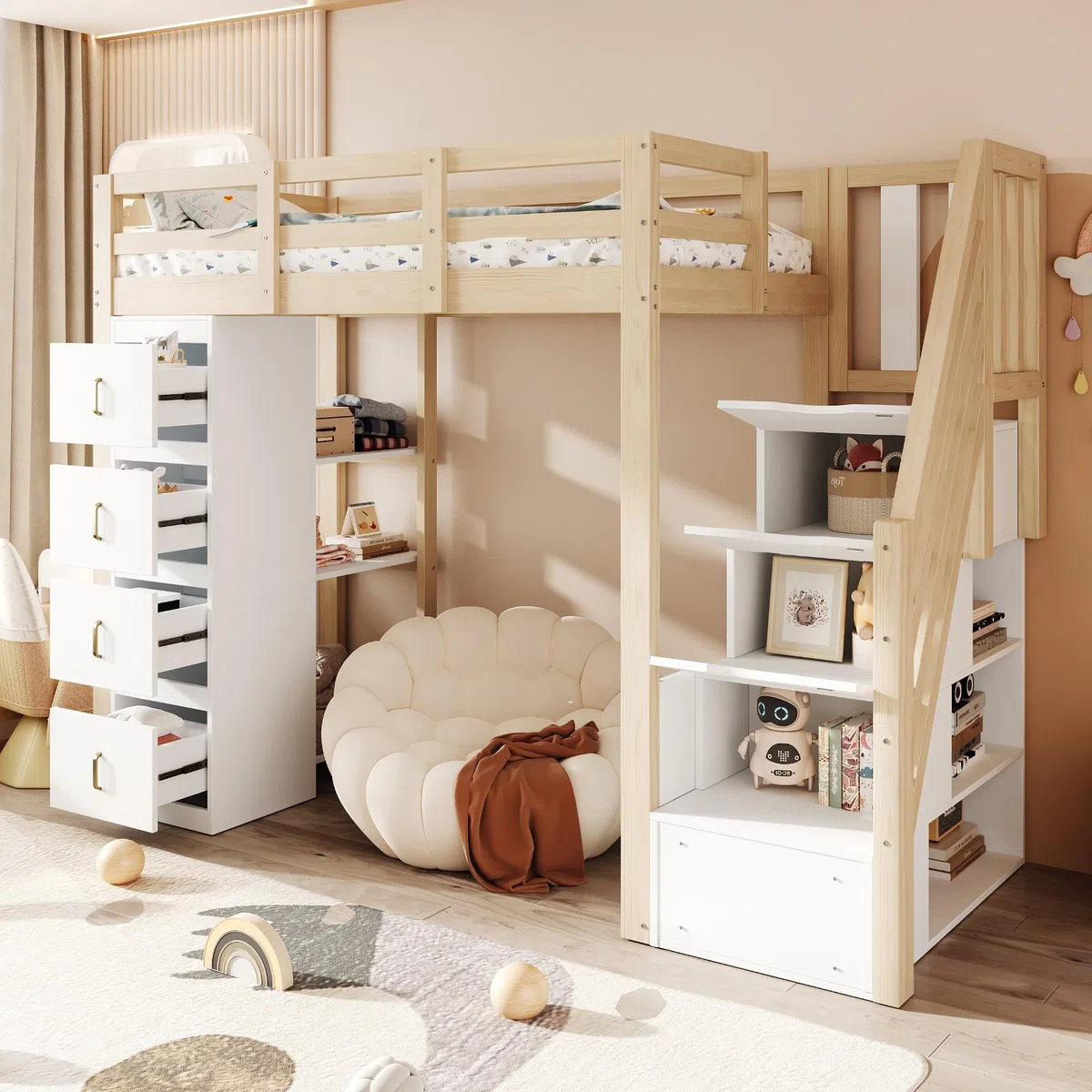 Cama alta 90 x 200 cm con cajones de almacenamiento, estantería de varios niveles, escalera segura, cama multifuncional de madera maciza, color madera natural