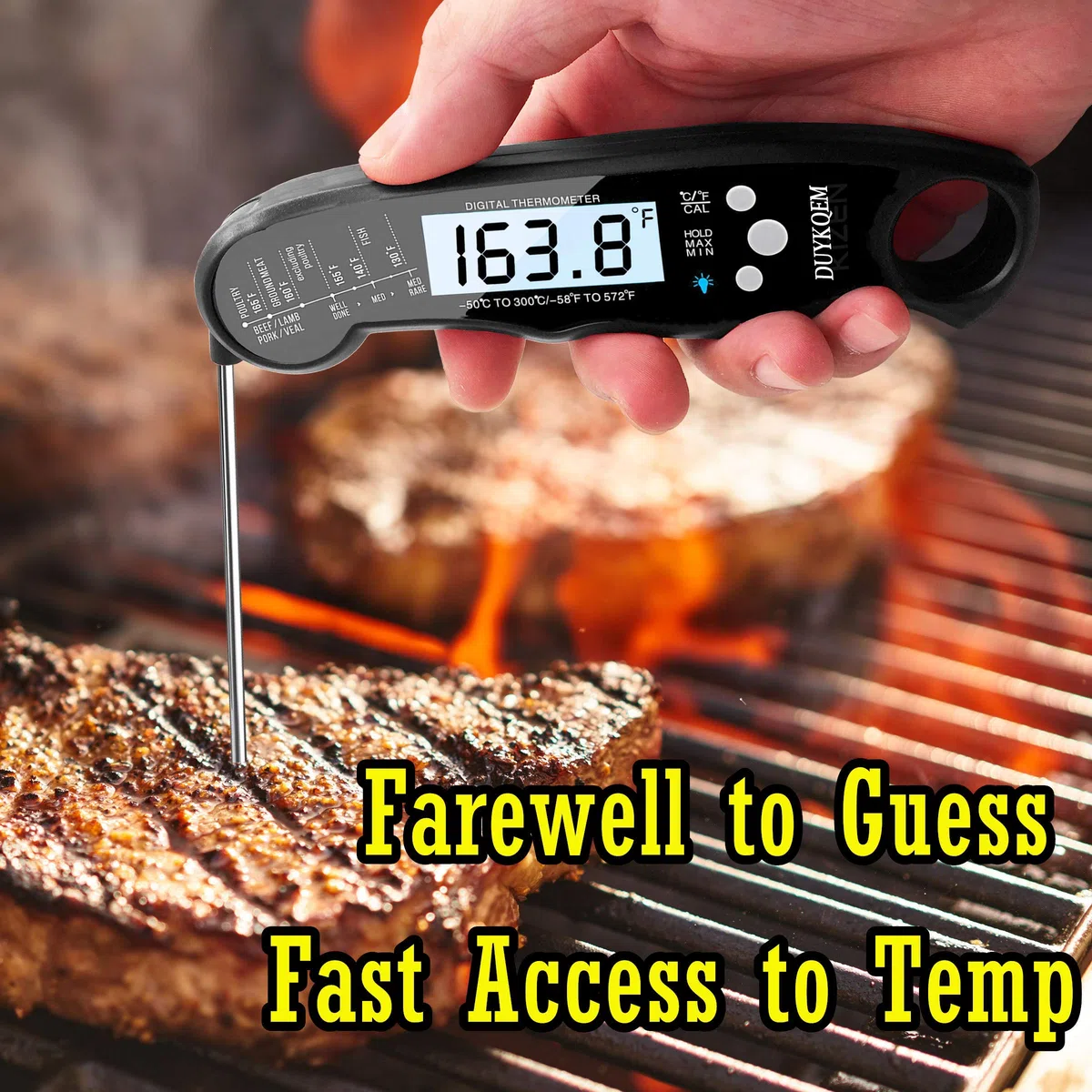 Anskani - Termómetro digital de carne de lectura instantánea, termómetro impermeable para cocinar alimentos con sonda de retroiluminación y calibración, termómetro eléctrico de lectura rápida para