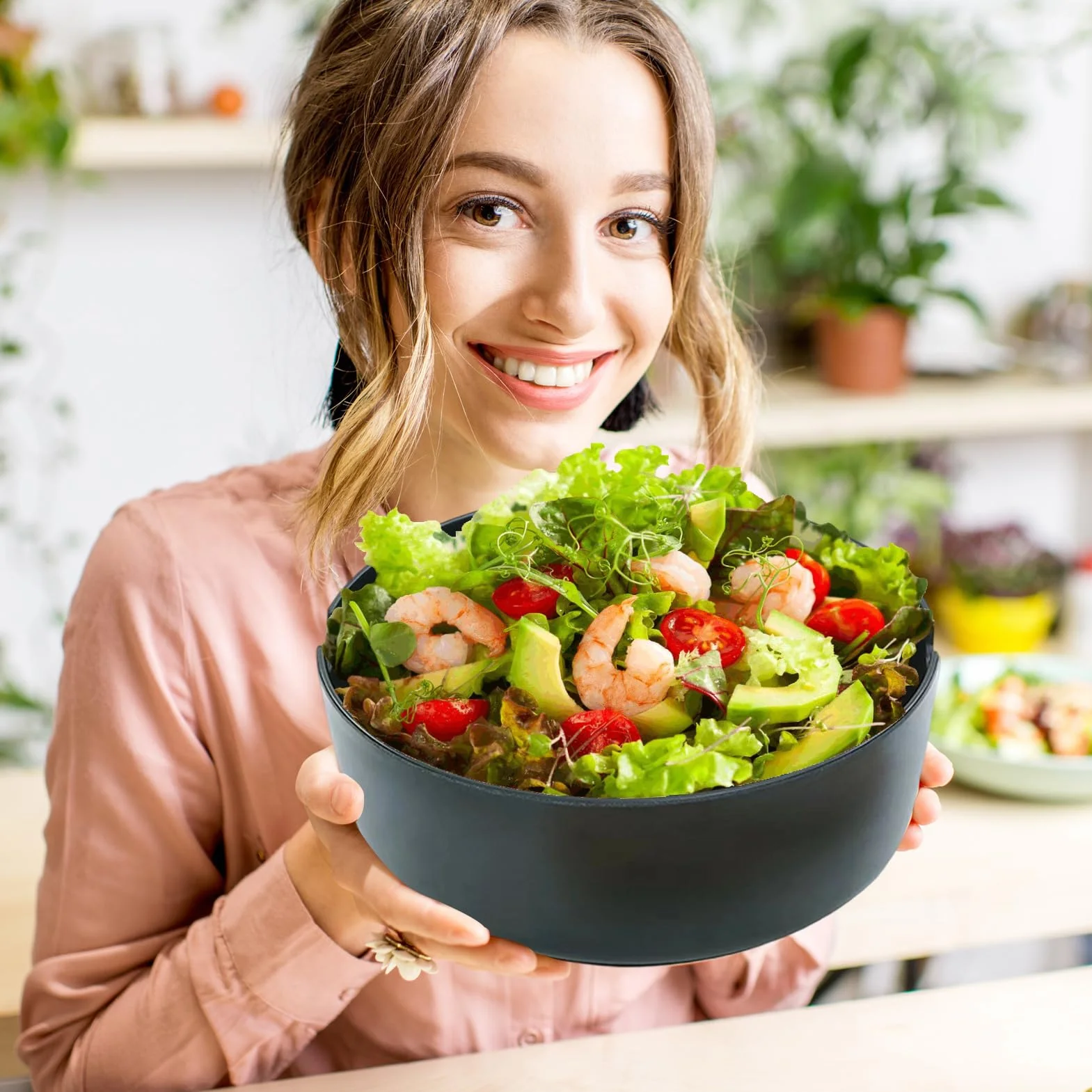 Bol Para Servir Ensaladas Ensaladeras De Madera Vajilla Cuchara Tenedor | Boles Grandes para Ensaladas y Comer Para Frutas Verduras Aperitivos Almuerzo Cena Preparar Mezclar Cocinar Cereales