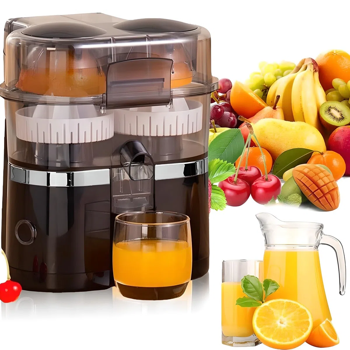 Exprimidor eléctrico de Doble Cabezal, con 8 Dientes y Doble Orificio, Potente Motor de 15000 RPM y Cortador de Fruta Integrado, para limón y Naranja