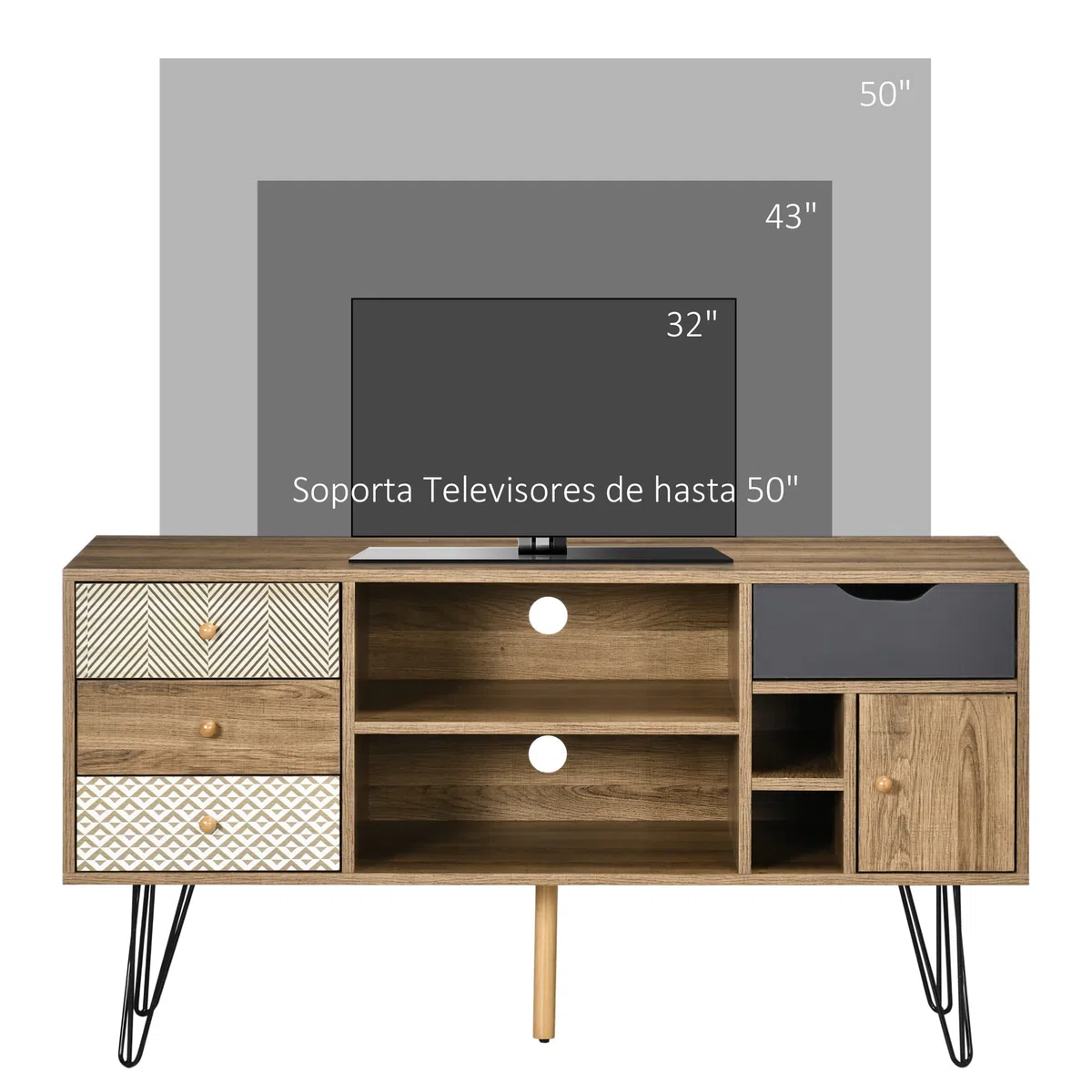 HOMCOM Mueble de TV con Estantes de Almacenamiento 4 Cajones y Patas de Metal Mesa para TV de Salón para Televisores de hasta 50 Pulgadas para Dormitorio 120x39x64 cm Marrón