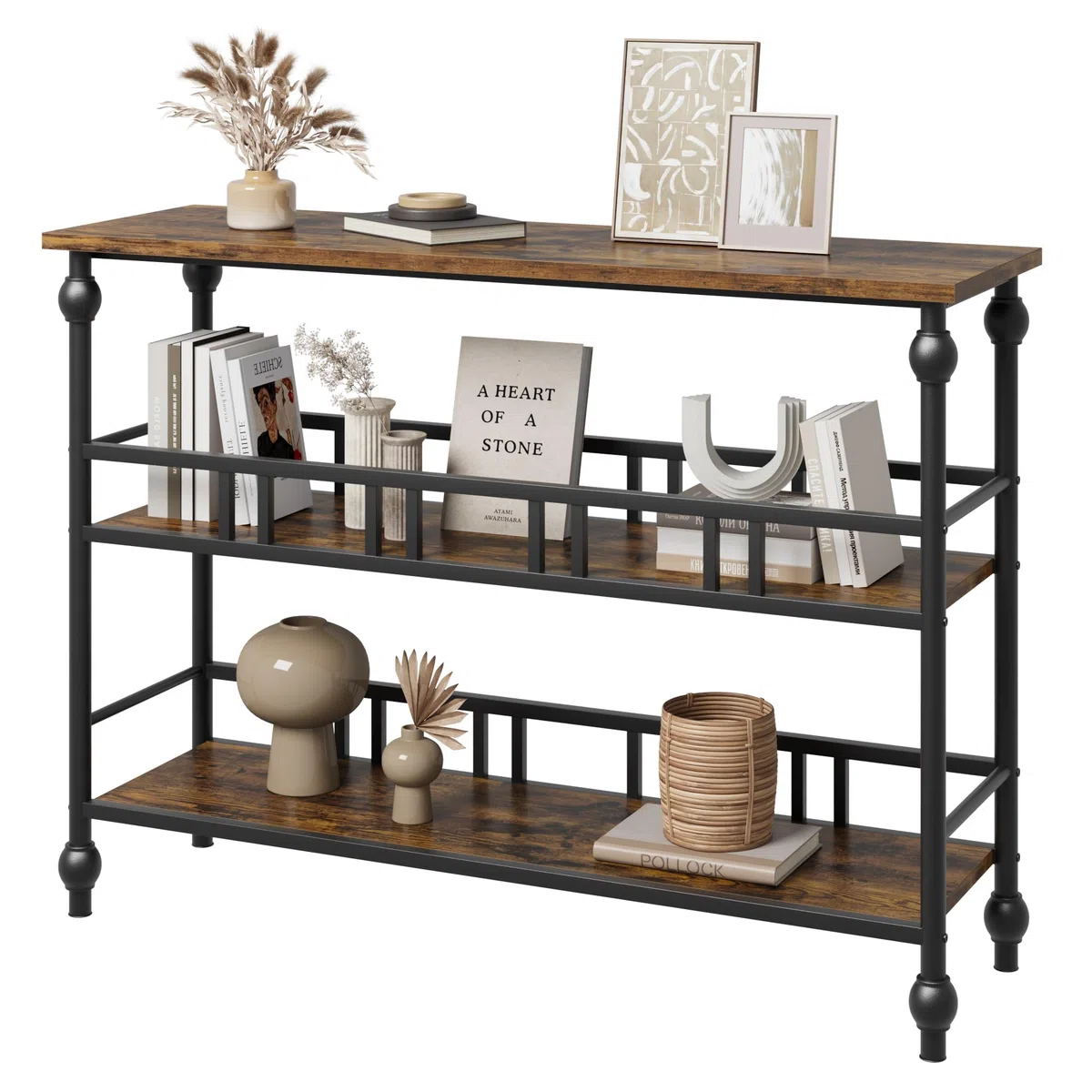 Mesa consola estrecha 43" - 3 niveles con estantes - Mesa auxiliar para entrada, detrás del sofá o pasillo - Estilo rústico con almacenamiento - Ideal para salón, dormitorio y recibidor - clásico