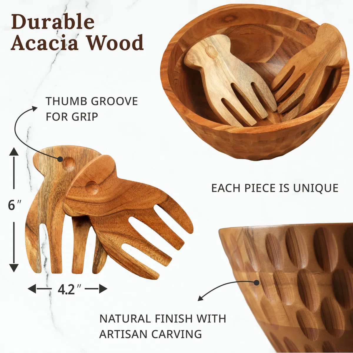 Juego de ensaladeras de madera – Acacia, cuenco de madera de 11 pulgadas con manteles individuales de yute y utensilios de servir, cuenco grande para encimera de cocina, decoración