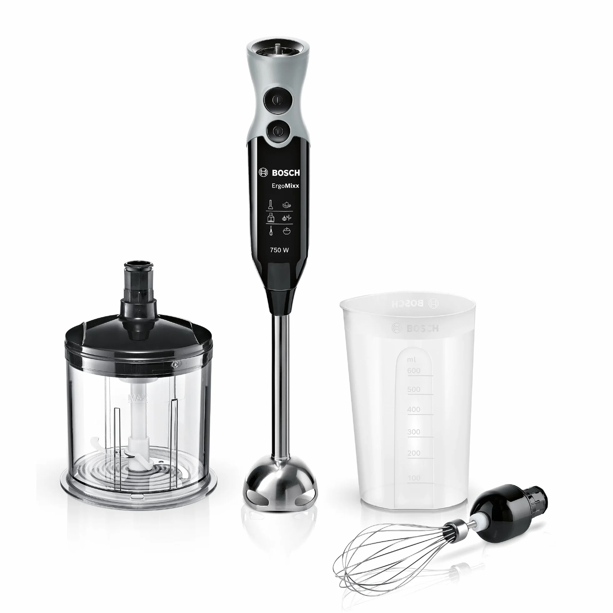 Bosch - Batidora de mano profesional, ErgoMixx, 750 W, 12+1 velocidades, QuattroBlade, Picador y vaso, Negro, MSM67160