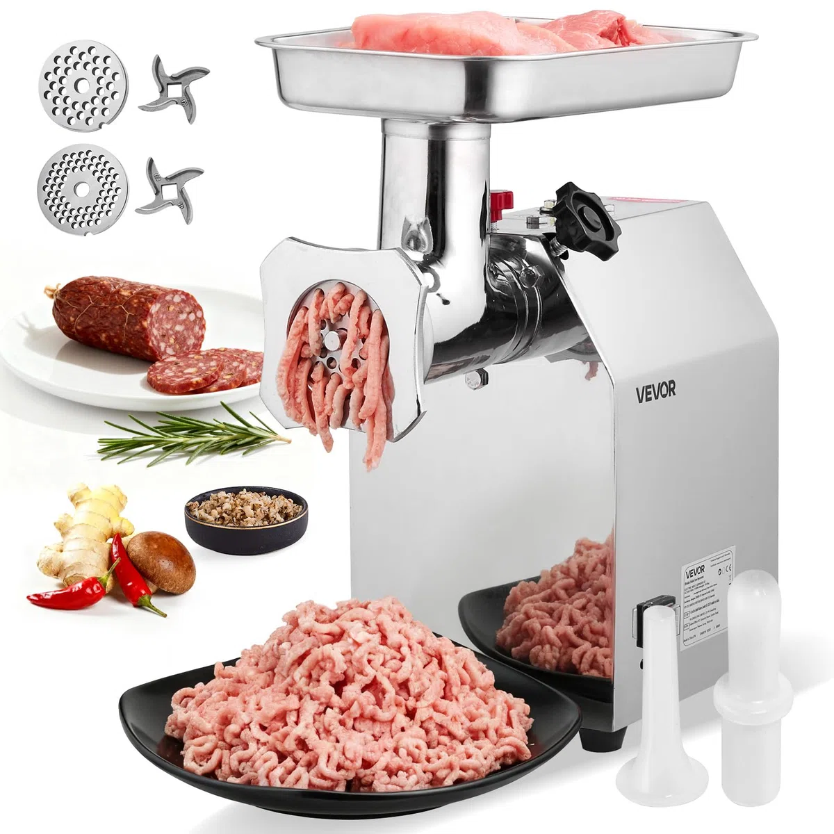VEVOR Picadora de Carne Eléctrica de Encimera con Cuchilla, Capacidad de 4,2 kg/min, Placa de Molienda, Máquina para Hacer Salchichas, Acero Inoxidable para Cocina y Restaurante, 430 x 248 x 440 mm