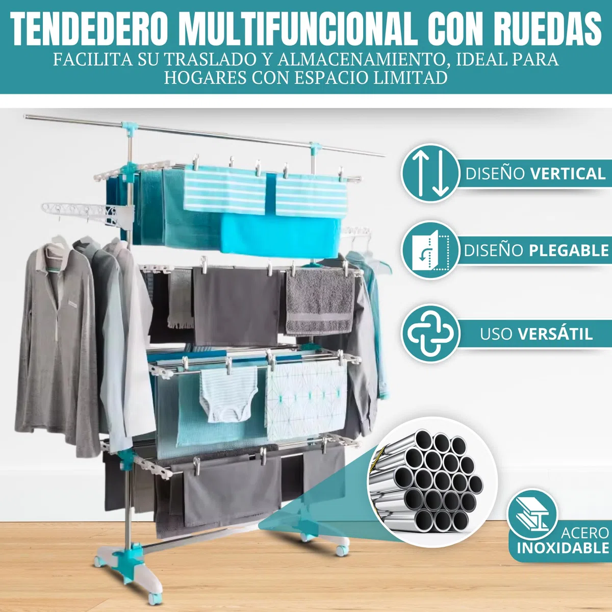 UMAA Tendedero Vertical Plegable Tendedero de Ropa con 6 Ruedas 2 Laterales Abatibles Estantes Ajustables y Marco de Acero Inoxidable para Interior y Exterior Blanco (167 X 67 X 165 CM)
