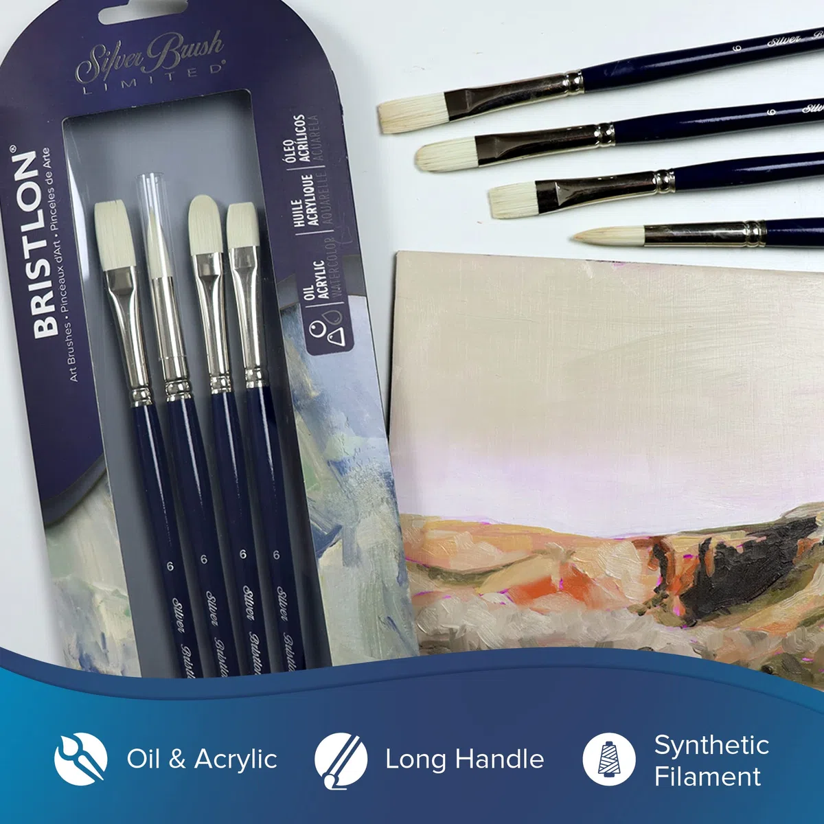 Silver Brush Limited Bristlon - Juego de 4 Pinceles para Pintura acrílica y óleo - Mango Largo