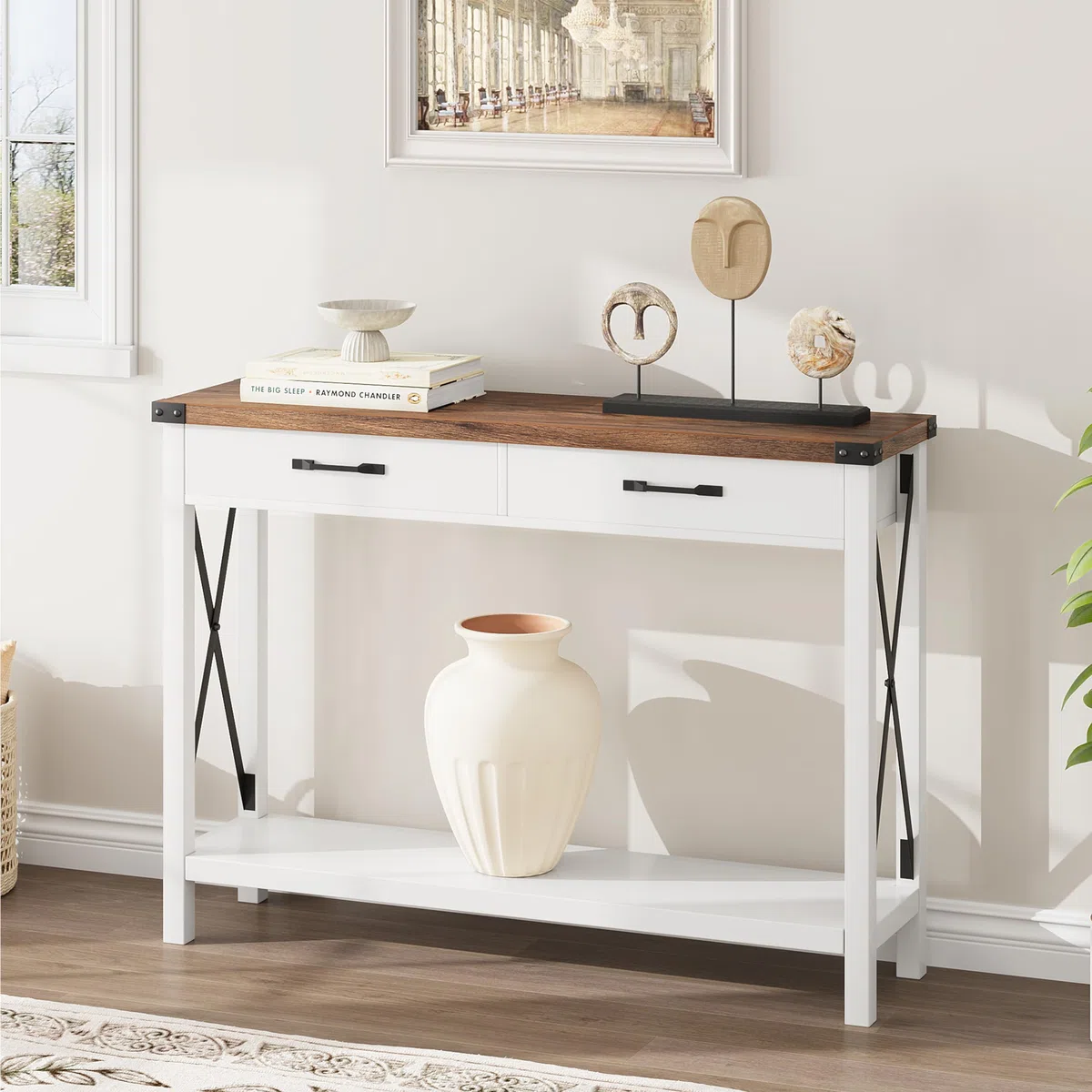 Garvee Mesa Consola Estrecha Estilo Rústico con 2 Cajones y Estante, Mueble Recibidor y Salón, Madera MDF Blanco y Marrón 109x30x79 cm