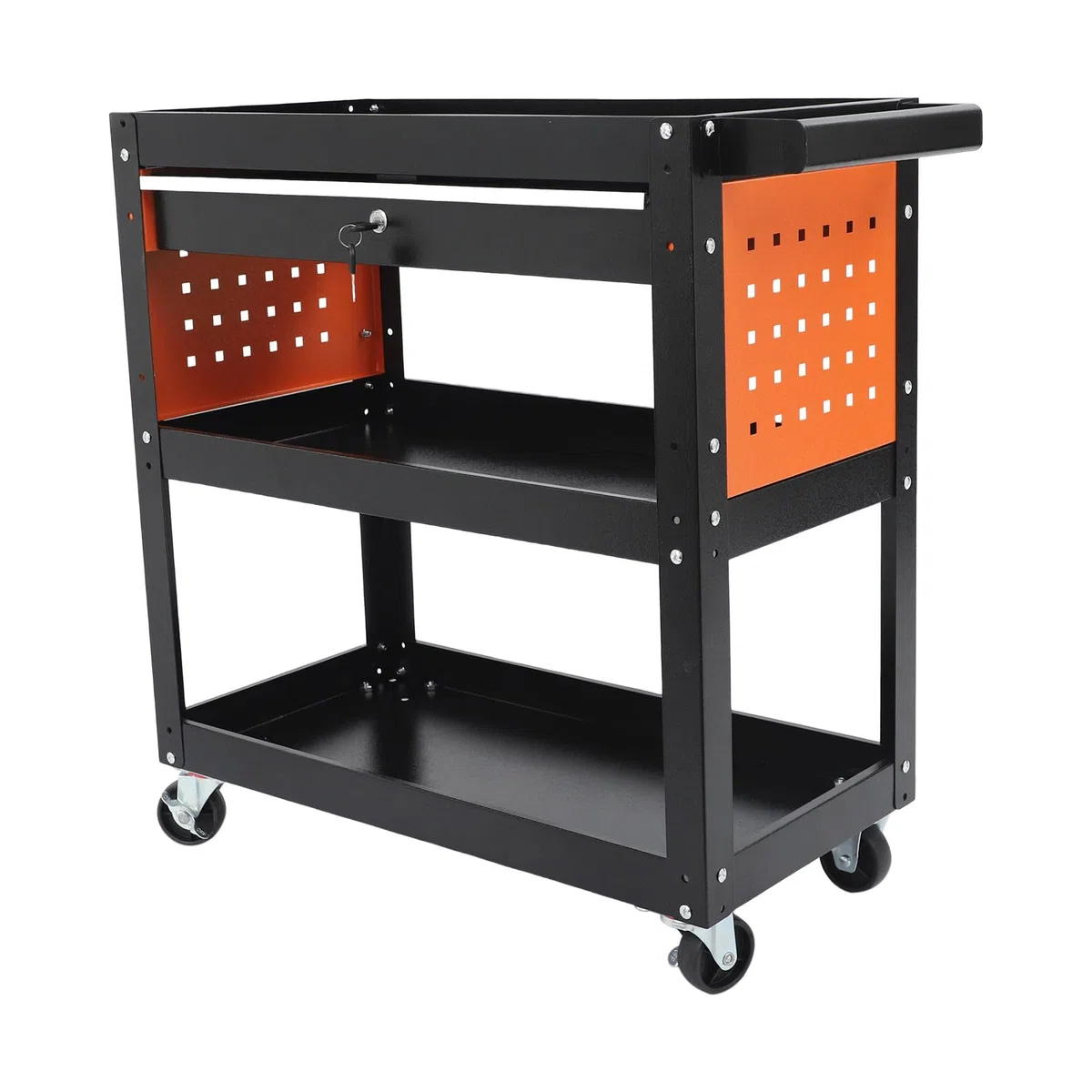 Carro de taller de 3 niveles, carro de servicio de metal, carro con ruedas, taller con cajón con cerradura, carro de montaje, carrito multifuncional de 70 x 35 x 76 cm
