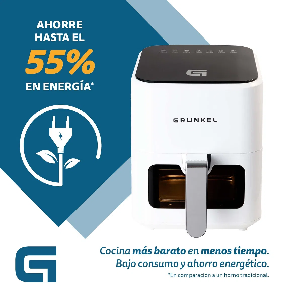 Grunkel - Freidora aire - Air Fryer - 4 Litros y 7 programas. WEF. Panel de control digital Multifunción y ventanal visualización retroiluminada. Temporizador 60 minutos - Freidora sin aceite (Blanco)
