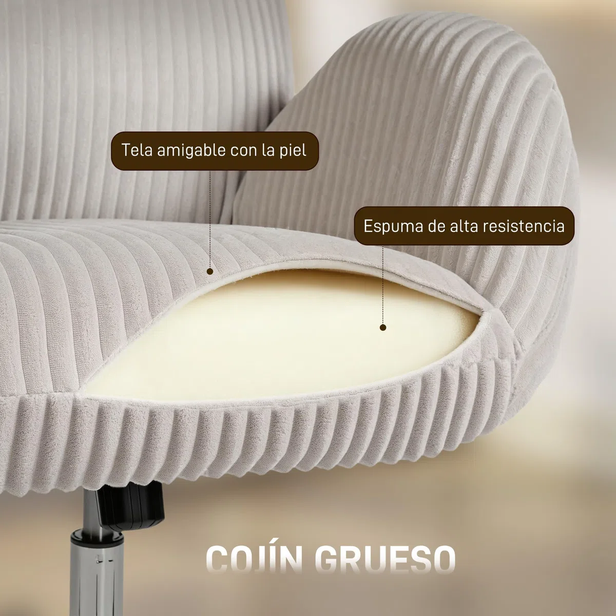 HOMCOM Silla de Oficina Piernas Cruzadas Reposabrazos Respaldo Alto Gris | Silla de Escritorio, Reposacabezas Regulable, Ruedas, Altura Ajustable, Giratoria, Función Basculante, Tapizada en Pana
