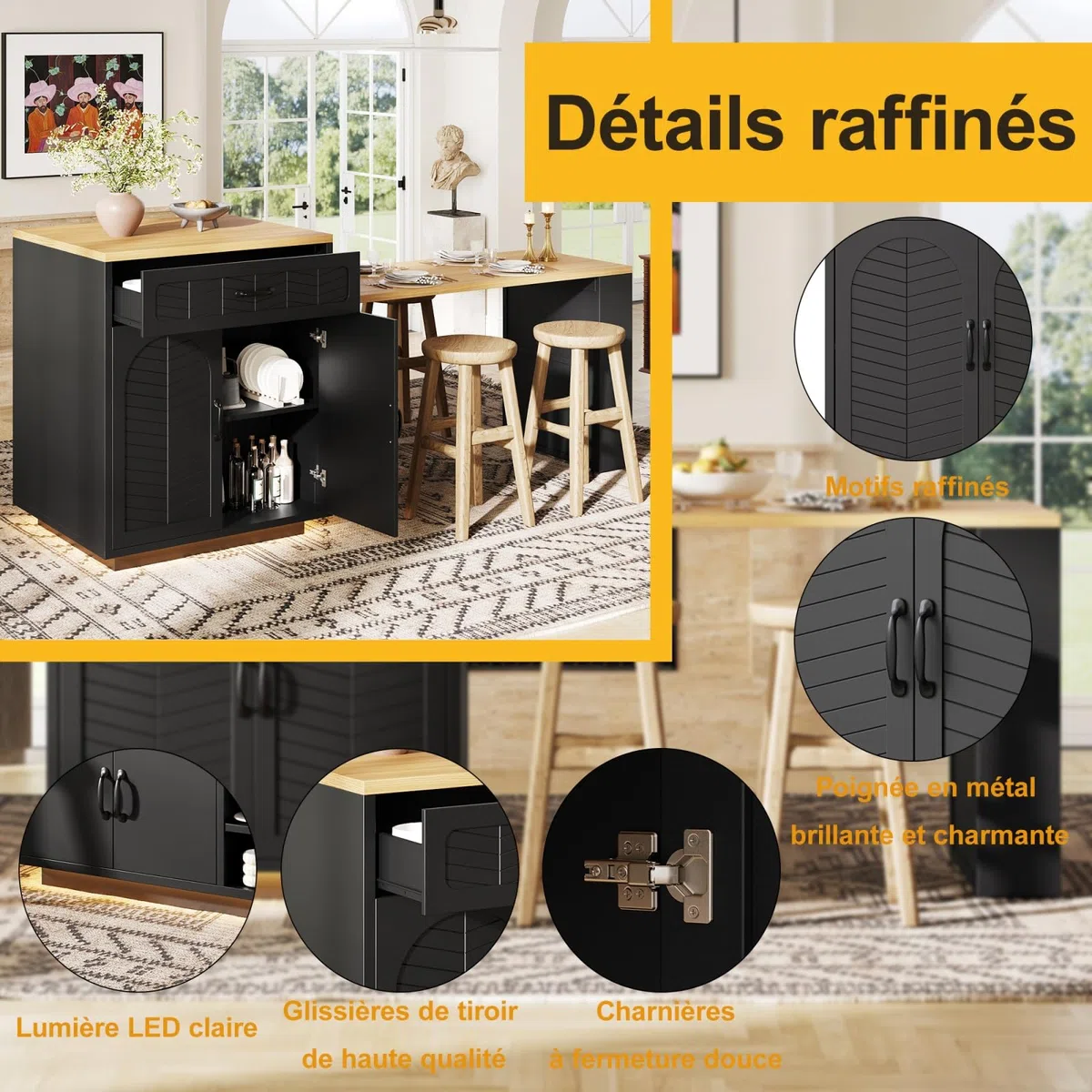 YEHTOKHOME Isla Central Cocina con encimera extensible 140-193 cm, mesa de bar con almacenamiento, 2 cajones y 4 puertas, armario de vino, iluminación LED, para 4-6 personas, comedor (negro)