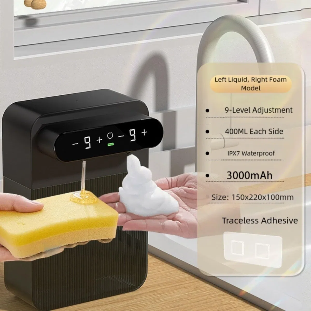 Dispensador de jabón eléctrico de doble cabeza, espuma y líquido sin contacto, 9 velocidades, 400 ml, IPX7 impermeable, batería de 3000 mAh para cocina y baño (A)