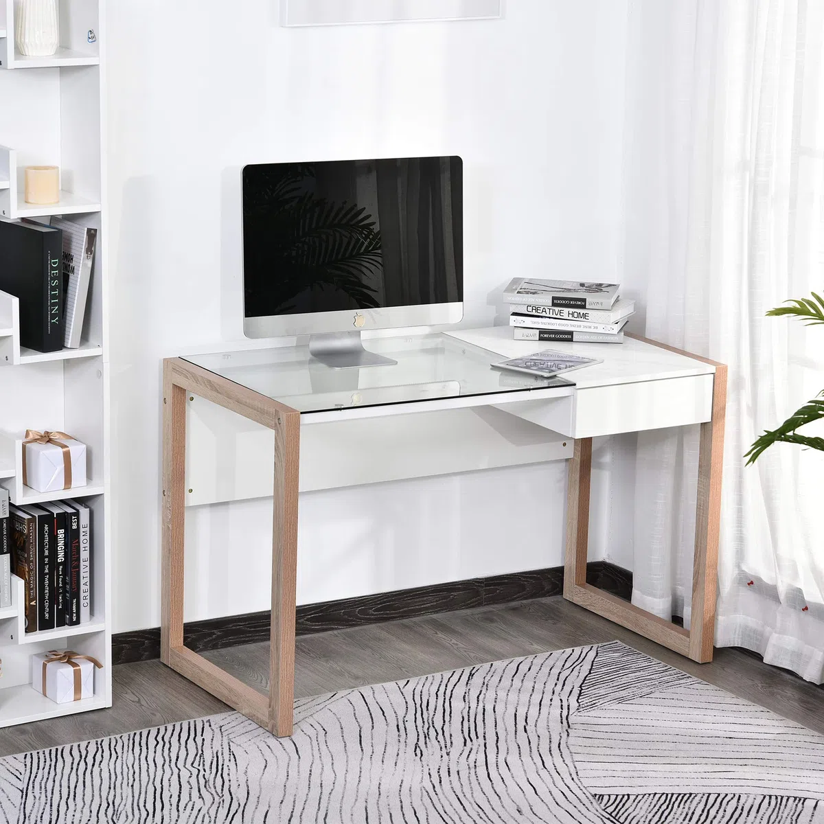 HOMCOM Mesa de Ordenador Diseño Moderno Cajón Oficina 120x60x75 cm Blanco | Mesa de Escritorio, Tablero de Vidrio Templado, Combinación de Estilos, Estudio