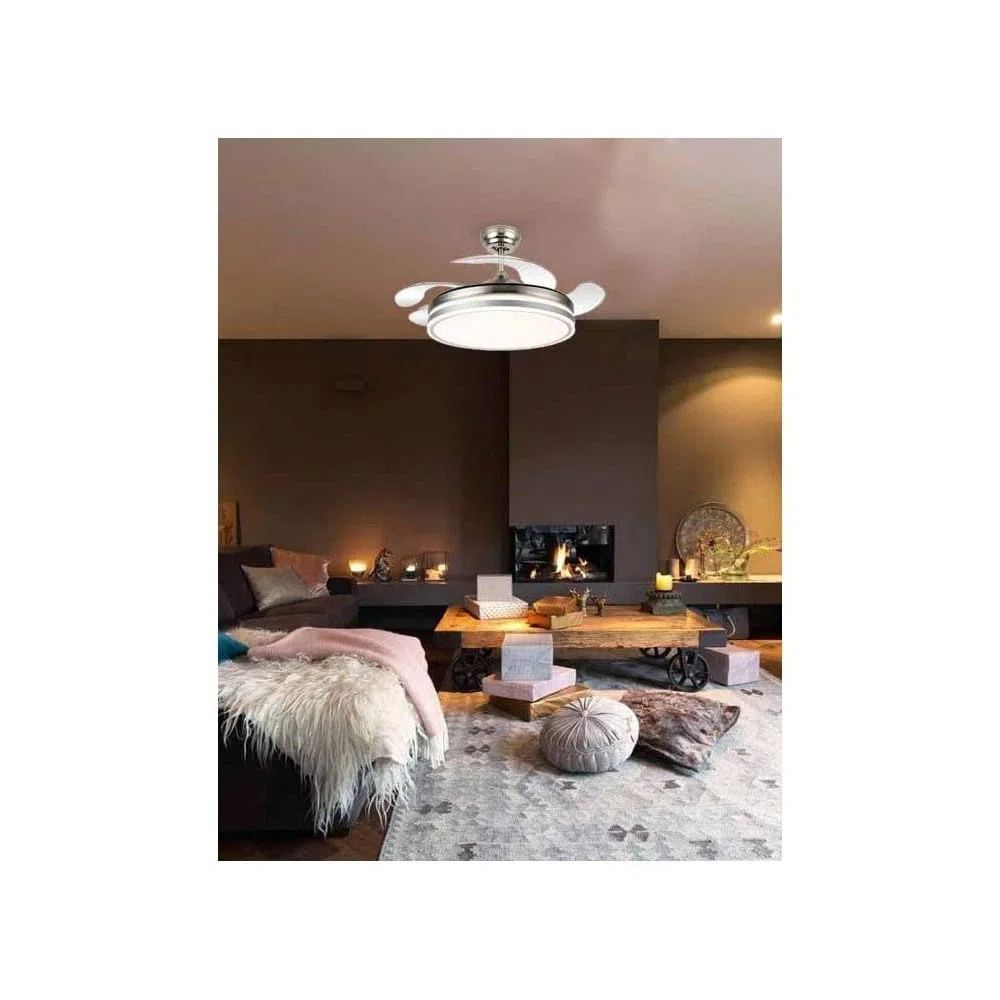 FABRILAMP - Ventilador de Techo con Luz LED 59W | Motor DC Modelo BAYOMO | 4 Aspas Retráctiles | 3 Tonalidades | 6 Velocidades | Control Remoto | Temporizador | Silencioso, Blanco, Mediano