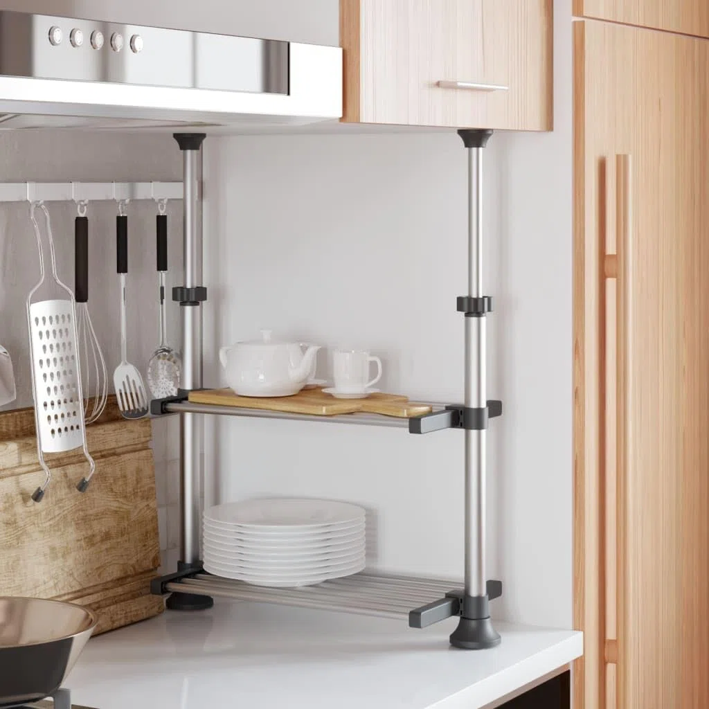Estantería de cocina de aluminio plateada, 50 x 25 x 50 – 70 cm, altura regulable, con 2 estantes, para cocina y salón como organizador y recipiente de almacenamiento para alimentos y juguetes