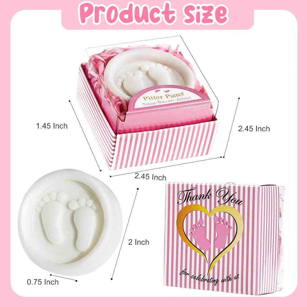 AIXIANG Paquete de 24 jabones hechos a mano Pink Pitter Patter, regalos de baby shower envueltos individualmente con caja de regalo, perfumados para baby shower y decoración