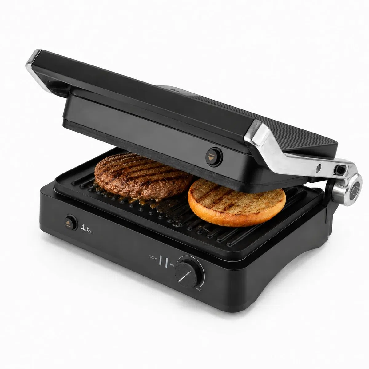 JATA JEGR1450 - Parilla Eléctrica. Grill. Sandwichera. Panini. 2000 W. Apertura 180º. Placas EXTRAÍBLES rayadas antiadherentes: 29,6 x 21,8 cm. Bandeja Recogegrasa.