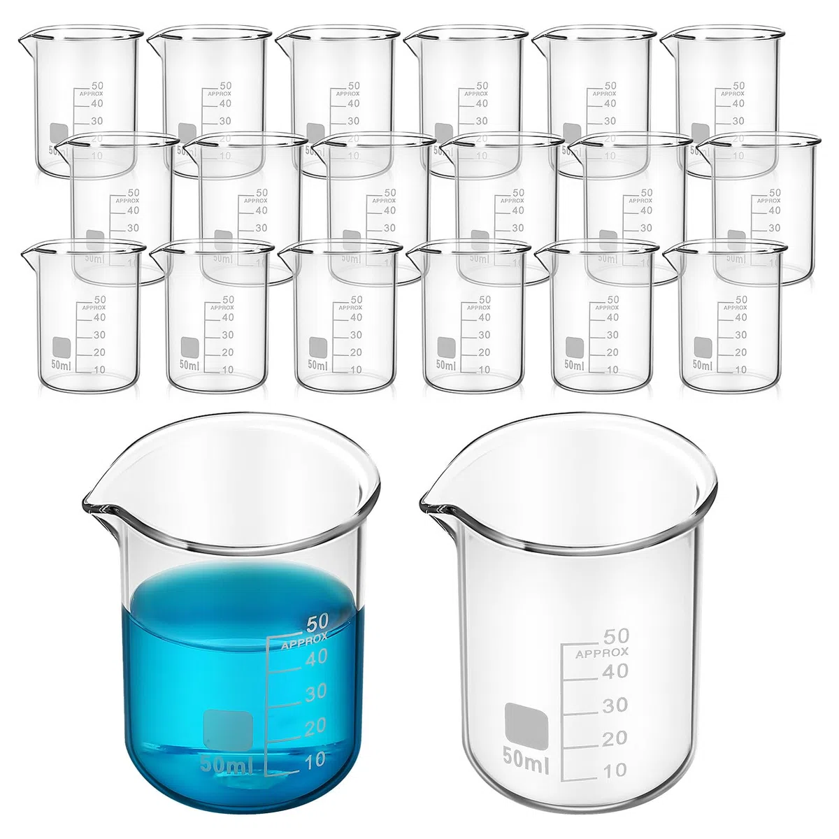 Vasos de Precipitados de Vidrio Graduados 50 Ml sin Asa Pack de 20 Unidades Material de Laboratorio Resistente al Calor Boquilla para Experimentos Científicos y Medición Precisa
