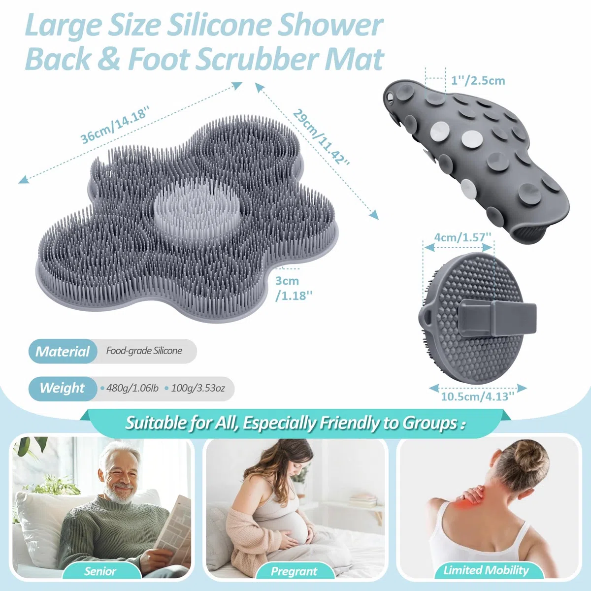 Juego de alfombrilla de silicona para pies de ducha y limpiador corporal de silicona, limpiador de espalda grande montado en la pared para limpiar, exfoliar y masajear sin doblarse (gris +