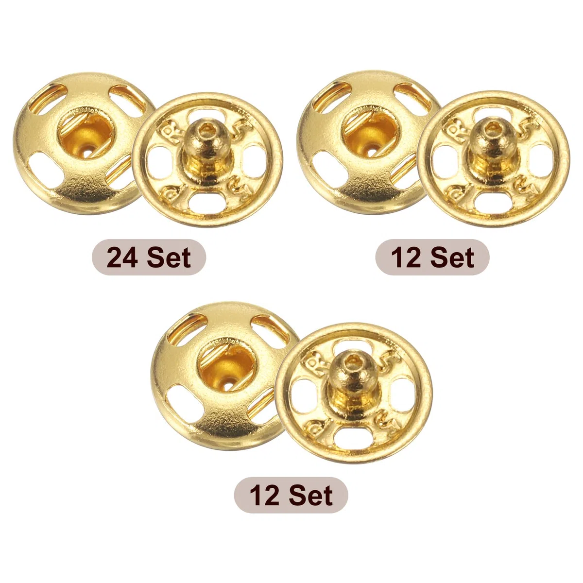 HARFINGTON Juego de 48 botones a presión para coser de 8/10/12 mm, botones de cierre a presión para cierre, bolso, ropa, costura, manualidades, color dorado
