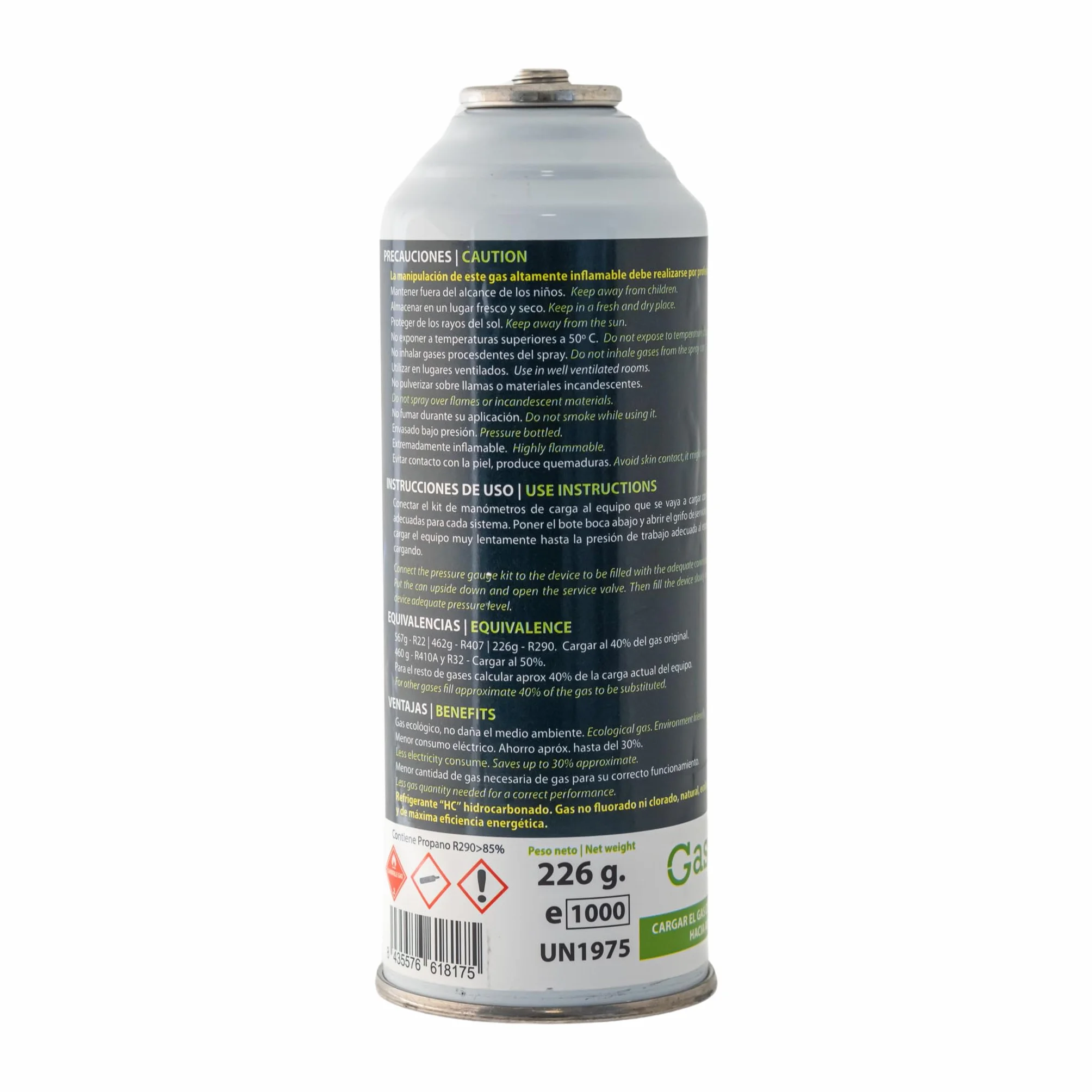 2x Envases GASICA V2 | 452g Neto Total | Gas Refrigerante Ecológico Alternativo R22, R407C y R410A | Incluye Válvula de Servicio (Para Ambos Botes) | Sustituto Rápido A/C