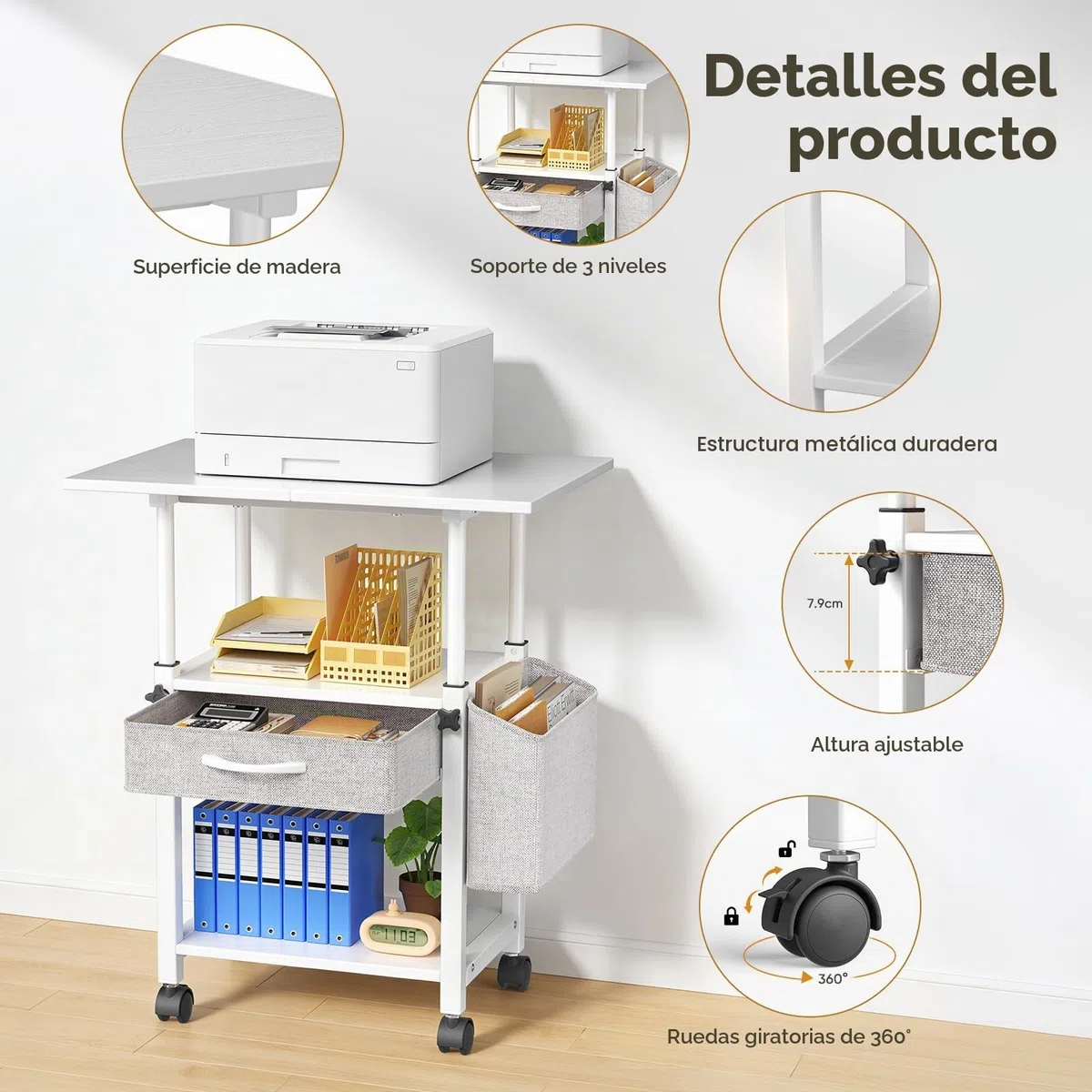 Mesa de impresión con ruedas Soporte de impresora de 3 niveles, mesa de impresora con cajón y bolsillo lateral, carrito grande con ruedas con estante ajustable para oficina y hogar (1)