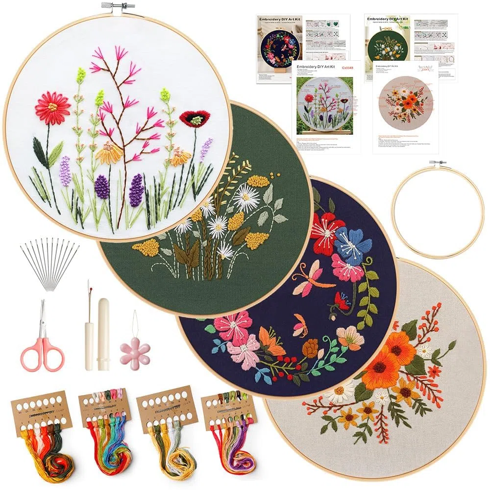 Kit de bordado para adultos, 4 juegos de iniciación de bordado con patrones de flores florales, kit de bordado a mano con aro de bordado e instrucciones (idioma español no garantizado), kits de punto