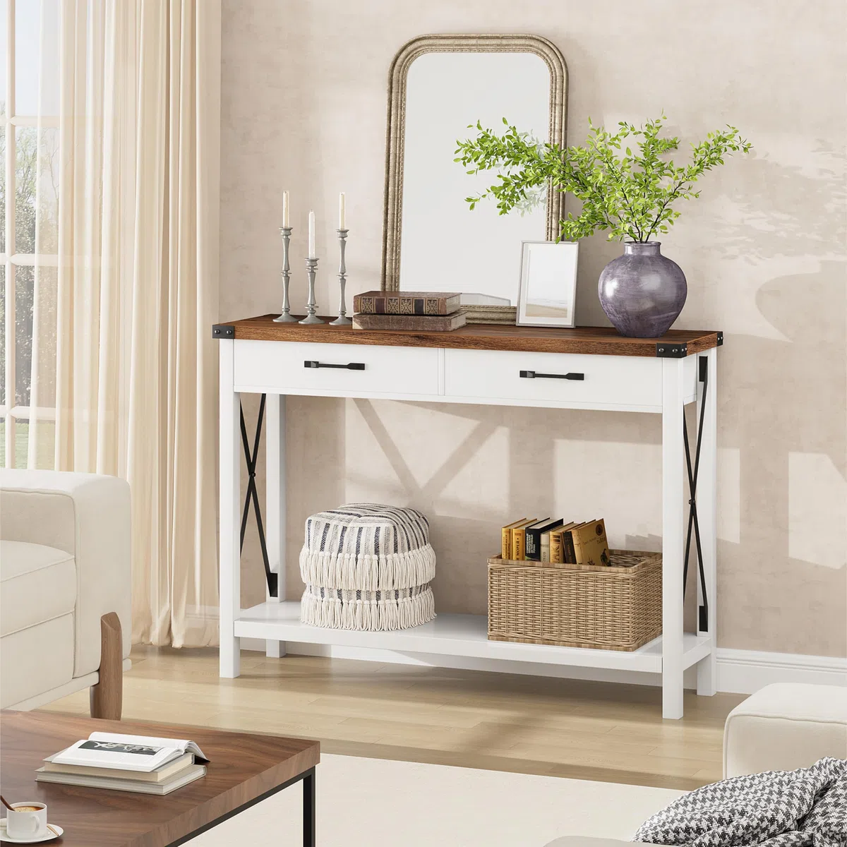 Garvee Mesa Consola Estrecha Estilo Rústico con 2 Cajones y Estante, Mueble Recibidor y Salón, Madera MDF Blanco y Marrón 109x30x79 cm