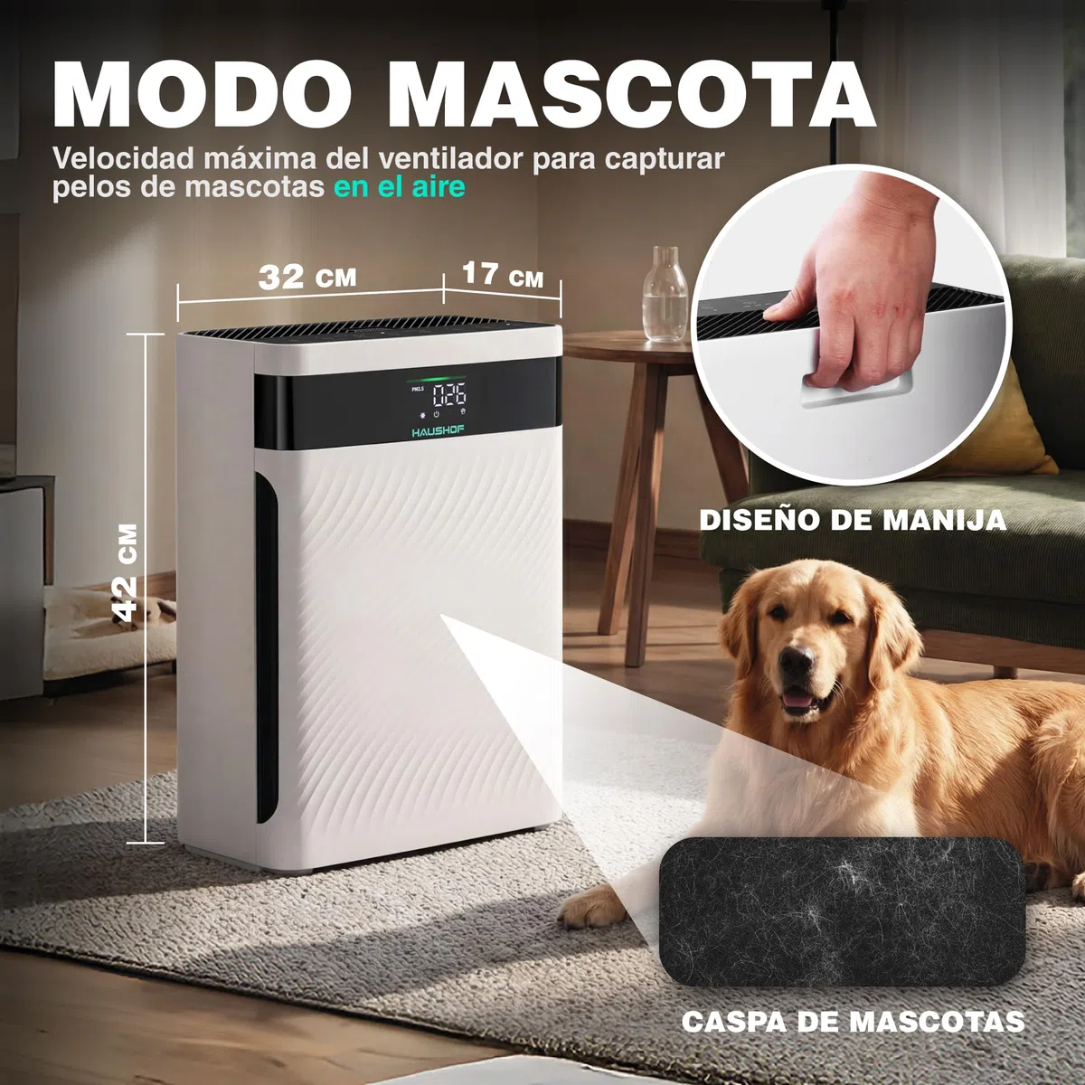 HAUSHOF Purificador de Aire con Filtro HEPA H13 | para Alergias, Polen, Humo, Caspa De Mascotas y Olores, Modo Mascota y Reposo, Silencioso 30dB