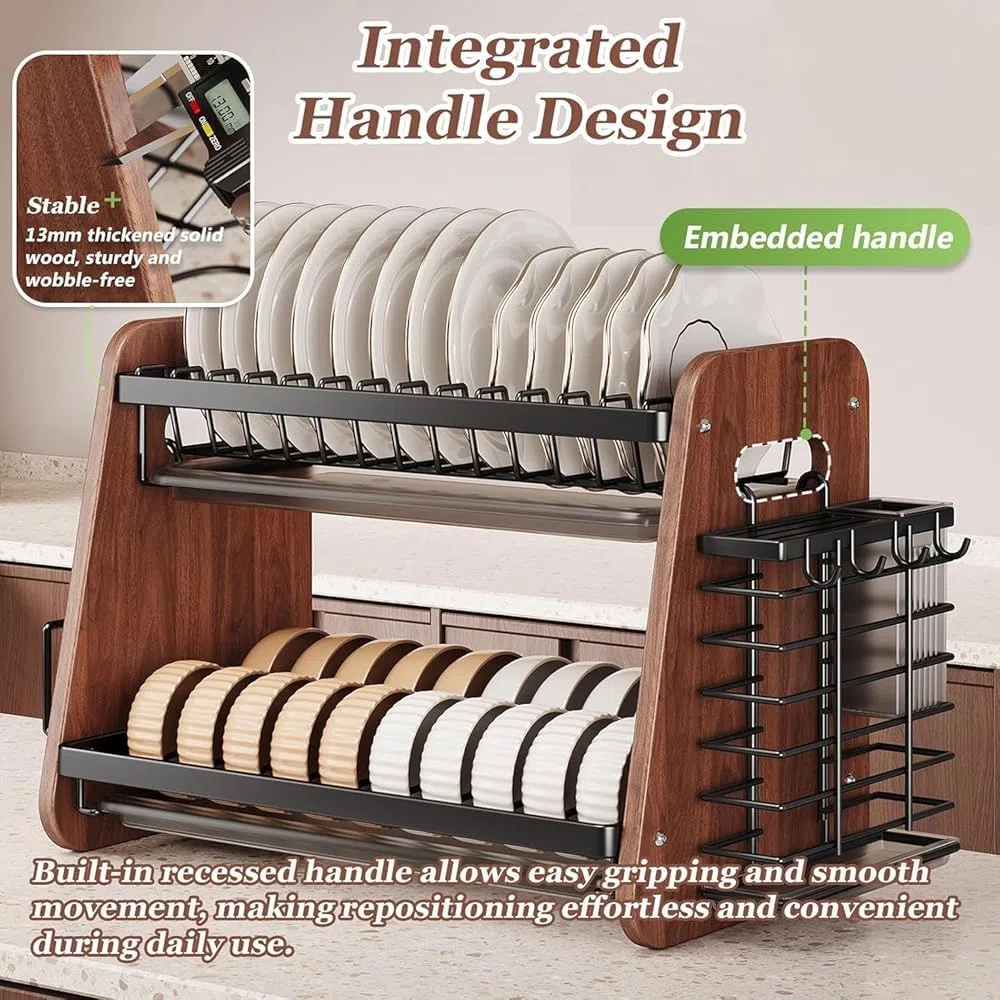 Escurridor de platos de madera de 2 niveles con accesorios de acero inoxidable, escurridor de platos de encimera con soporte extraíble para cubiertos para fregadero de cocina