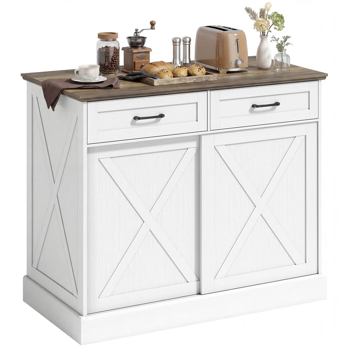 HOMCOM Isla Central Cocina, Aparador Cocina, Mueble de Almacenamiento con 2 Cajones, 2 Puertas Corredizas y Estante Ajustable, Estilo Rústico, 106,4 x 57 x 92 cm, Blanco y Marrón
