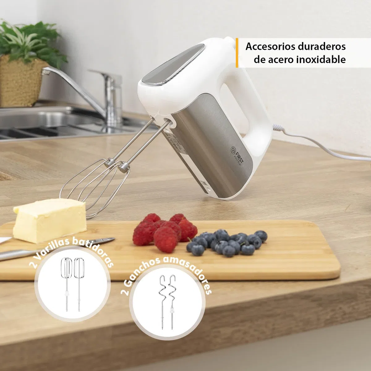 TZS First Austria Batidora de mano y de pedestal 2 en 1 | 3,4 L | Accionamiento automático | 500 W | 5 velocidades | Función turbo | con gancho para masa y varillas