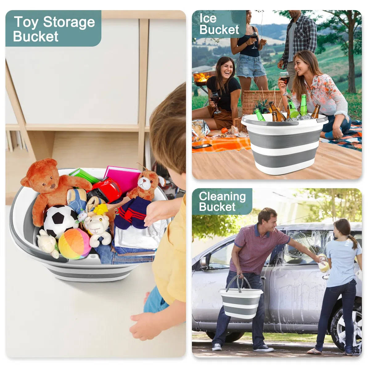 Cubo plegable para fregona con asa para limpieza, cubo cuadrado de silicona de 16 litros para limpieza de ventanas o lavado de automóviles, organizador de suministros de limpieza, cubo de plástico